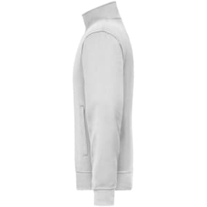 A grey workwear sweat jacket with a high collar and side pocket. It features a simple design and has branding.