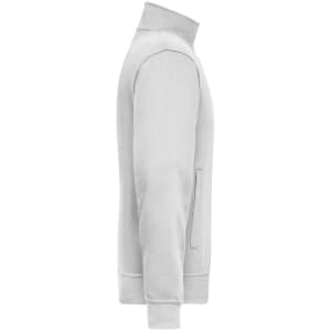 A grey workwear sweat jacket featuring a high collar and side pockets, with a logo on the garment.