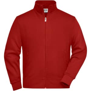 A red workwear sweat jacket with a zip front and two side pockets, featuring a logo on the left chest area.