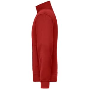 A red sweat jacket with a zippered front, high collar, and long sleeves, featuring a side pocket and a logo.