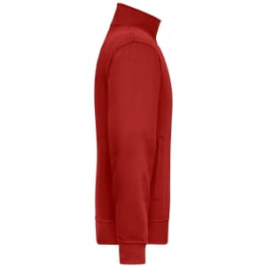 A red workwear sweat jacket with a high collar and zippered pockets, featuring a logo.