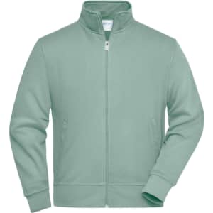 A green sweat jacket with a zip front, high collar, and side pockets, featuring a small logo.
