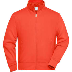 An orange work jacket with a high collar and front zip, featuring side pockets and a logo.