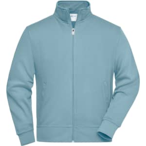 A light blue workwear sweat jacket with a zip front and side pockets, featuring a collar and a logo.