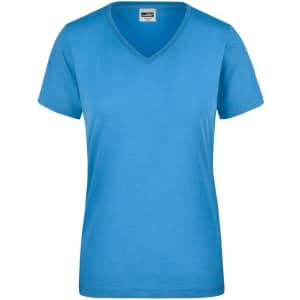 A blue v-neck ladies workwear t-shirt with short sleeves and a plain design. It has a branding logo on the label.