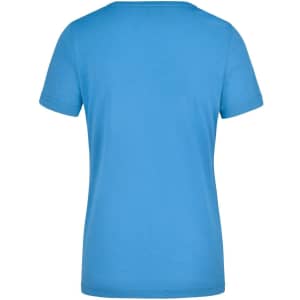 A blue ladies workwear t-shirt featuring short sleeves and a simple back design. It has a logo on it.