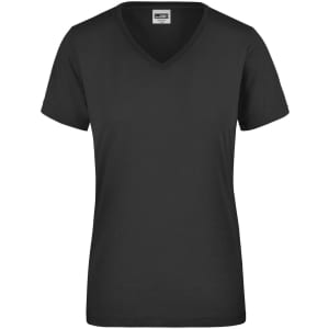 A black ladies workwear T-shirt with a V-neck and short sleeves, featuring a logo on the label.