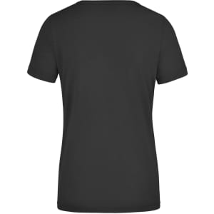 A black ladies' workwear T-shirt featuring a simple design and a back view. Includes a logo on the back.