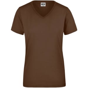 A brown ladies workwear T-shirt with a V-neck and short sleeves. It features a logo on the label.