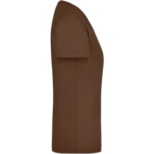 A brown ladies' workwear t-shirt featuring a fitted design and short sleeves, with a logo on the fabric.