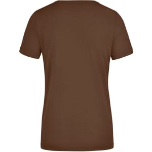 A brown ladies' T-shirt featuring a classic short-sleeve design and a plain back. It has a logo on the label.