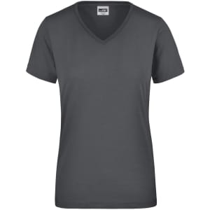 A ladies' workwear T-shirt featuring a V-neck design in grey with short sleeves and a logo.