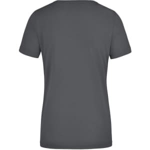A ladies workwear t-shirt in grey with short sleeves and a round neckline, featuring a logo on the back.