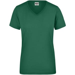 A green ladies' workwear T-shirt with a V-neck and short sleeves, featuring a small logo.