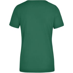 A green ladies workwear t-shirt with short sleeves and a simple design. It features a logo on the back.