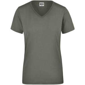 A green women's workwear t-shirt with a v-neck and short sleeves, featuring a brand logo.