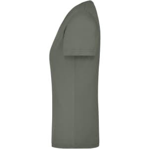 A side view of a ladies' workwear t-shirt in olive green, featuring a simple design and a logo.