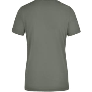 A khaki ladies' workwear T-shirt with a short-sleeved design and a plain back. Features a logo.
