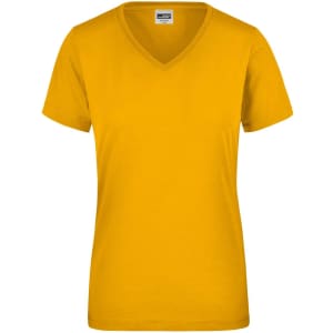 A yellow ladies' workwear t-shirt with a v-neck and short sleeves, featuring a logo on the tag.