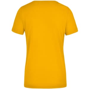 A bright yellow ladies workwear T-shirt featuring short sleeves and a classic fit, with a branding logo present.