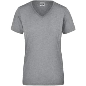 A grey v-neck t-shirt designed for ladies, featuring short sleeves and a simple design. It includes a logo.