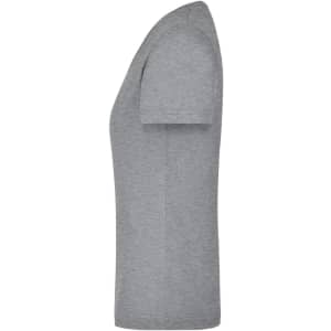 A grey ladies workwear t-shirt featuring a crew neckline and short sleeves. It has a logo on it.