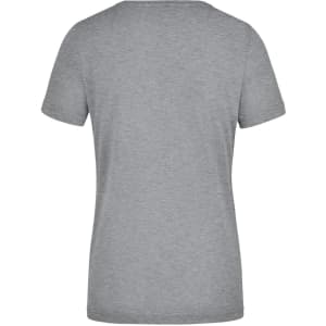 A grey ladies' workwear t-shirt with a classic crew neck and short sleeves. Features a logo on the back.