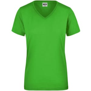 A vibrant green ladies' workwear t-shirt featuring a v-neck and short sleeves. Includes a logo on the label.