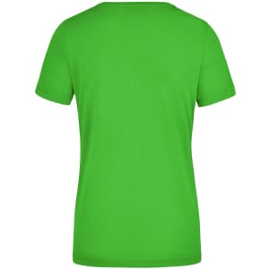 A green ladies workwear T-shirt with a round neck and short sleeves, featuring a logo on the back.