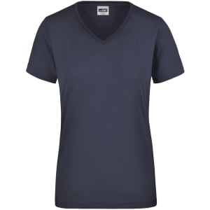 A navy blue ladies' workwear t-shirt with a v-neck and short sleeves, featuring a logo on the label.