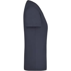 A navy blue ladies' workwear T-shirt displayed from the side, featuring a simple design and a logo.