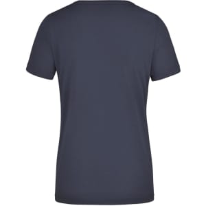 A navy blue ladies workwear T-shirt with a crew neck and short sleeves, featuring a logo on the back.