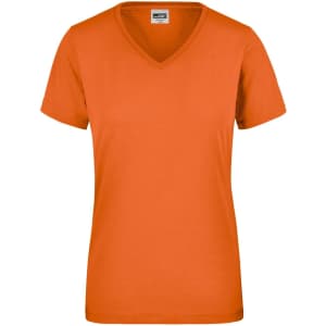 An orange ladies workwear t-shirt with a v-neck and short sleeves. It features a logo on the label.