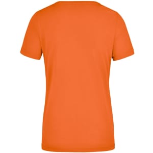 An orange, short-sleeved ladies workwear t-shirt featuring a plain back design. Includes a visible logo.
