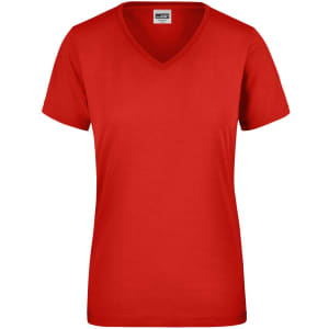A red ladies workwear t-shirt with a v-neck and short sleeves, featuring a logo on the label.