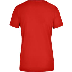 A red ladies workwear t-shirt with a round neckline and short sleeves, featuring a logo on the back.