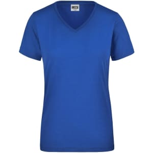 A blue ladies workwear T-shirt with a V-neck and short sleeves, featuring a logo on the label.