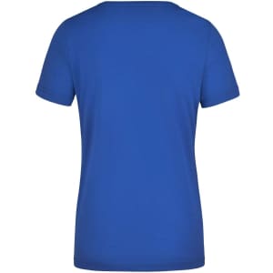 A blue ladies workwear t-shirt featuring a classic crew neck and short sleeves. It has a logo on the back.