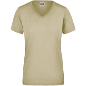 A khaki ladies' workwear t-shirt with a v-neck and short sleeves, featuring a logo on the label.