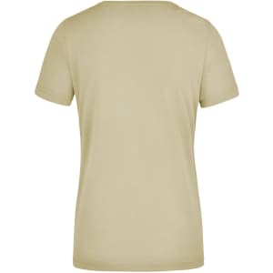 A khaki women's workwear T-shirt featuring a simple design with a short sleeve and crew neck. There is a logo present.