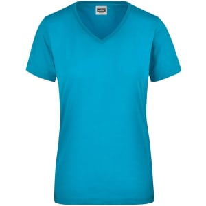 A turquoise ladies workwear t-shirt with a v-neck and short sleeves, featuring a logo on the label.