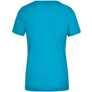 A turquoise ladies workwear t-shirt with a rounded neckline and short sleeves, featuring a logo.