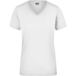 A white ladies' workwear T-shirt with a V-neck and short sleeves, featuring a logo.