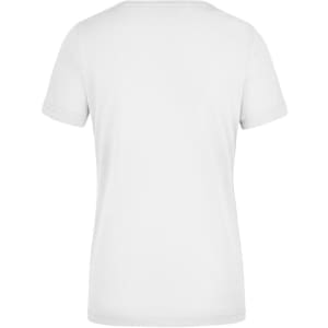 A white ladies' workwear T-shirt with a simple round neck and short sleeves, featuring a logo.