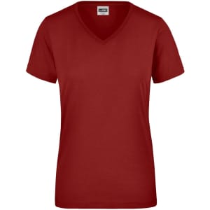A red ladies' workwear T-shirt with a V-neck and short sleeves, featuring a logo on the label.