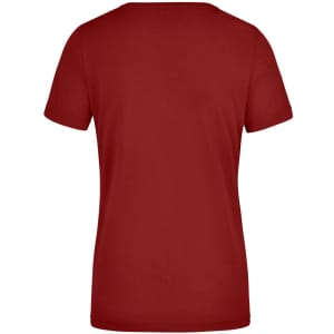 A red ladies workwear t-shirt with a smooth finish and short sleeves, featuring a logo on the back.
