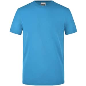 A blue men's workwear T-shirt featuring a classic crew neck and short sleeves. It has a visible logo.