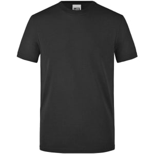 A black men's workwear T-shirt featuring a crew neckline and short sleeves, with a logo on the label.