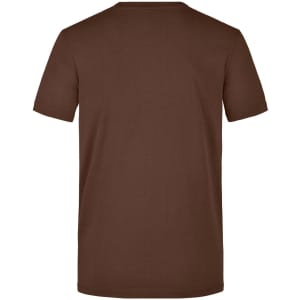 A brown men's t-shirt with short sleeves and a plain back. It features a logo or branding.