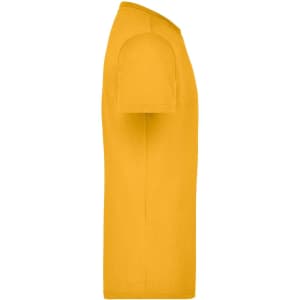A yellow men's workwear t-shirt displayed from the side, featuring a simple design and a logo.